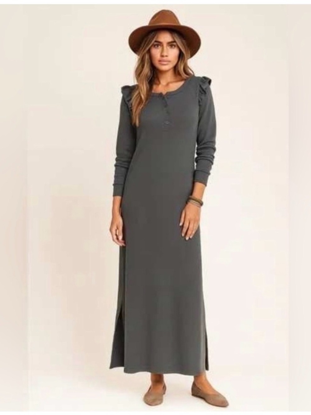 Revolve Z Supply Slate Gray Ruffle-Shoulder Long Sleeve Maxi Dress